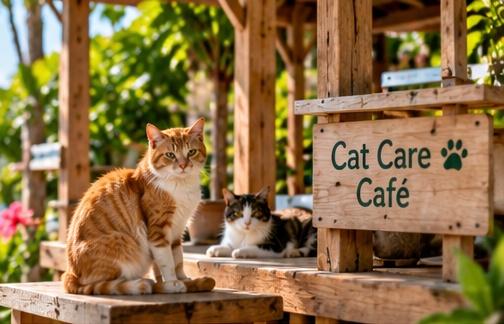 Concept image of cats resting beside a wooden Cat Care Café sign in a tropical coastal setting