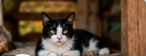 Concept image of a black-and-white cat resting in the café