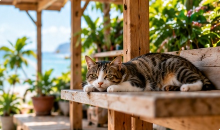 Concept image of a tabby cat resting on a shaded wooden platform
