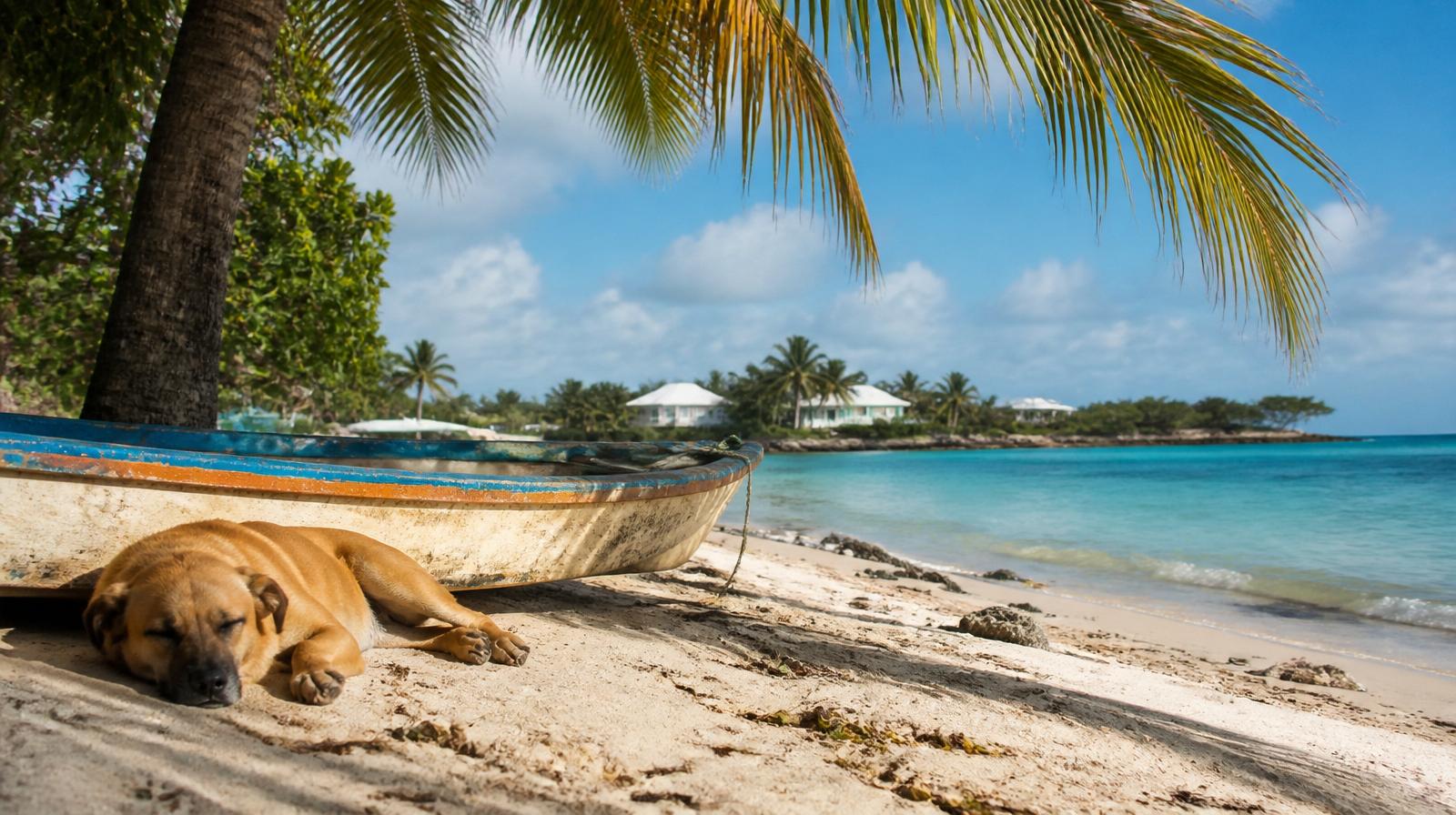 A dog resting in the shade of a palm tree beside a boat on a sandy beach